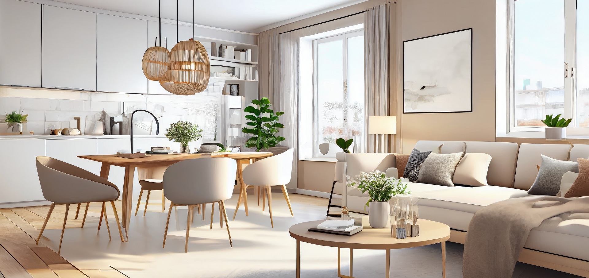 stylish scandinavian living room with design mint sofa, furnitures, mock up poster map, plants and elegant personal accessories. modern home decor. bright and sunny room. generative ai illustration.